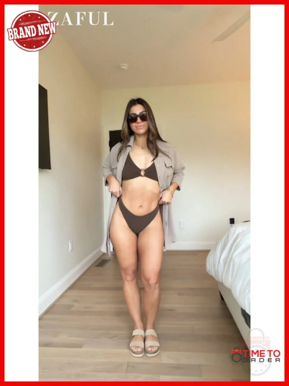 Sexy Triangle Bikini Set O Ring Linked Two Piece Swimsuits Textured Ruched